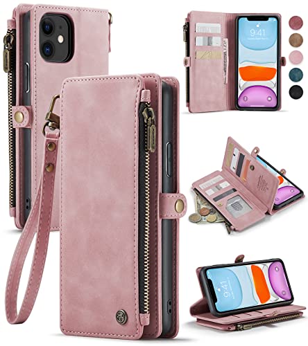 Defencase for iPhone 11 Case, iPhone 11 Wallet Case for Women Men, Durable PU Leather Magnetic Flip Lanyard Strap Wristlet Zipper Card Holder Wallet Phone Cases for iPhone 11 6.1-inch, Rose Pink