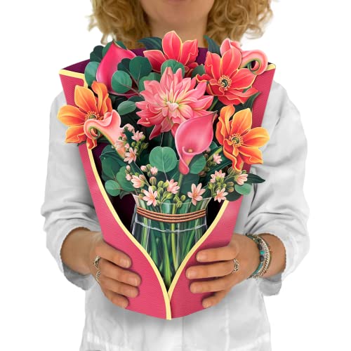Freshcut Paper Pop Up Cards, Dear Dahlia, 12 inch Life Sized Forever Flower Bouquet 3D Popup Greeting Cards with Note Card and Envelope – Dahlia & Cala Lily Flowers