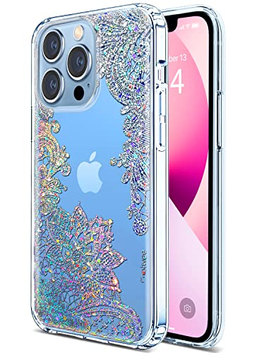 Coolwee Clear Glitter Compatible iPhone 13 Pro Case [Military Drop Protection] Flower Slim Cute Crystal Lace Bling Shiny Women Girls Hard Back Soft TPU Bumper Protective Cover Sparkle Mandala Henna