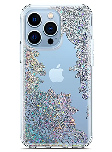 Coolwee Clear Glitter Compatible Apple iPhone 13 Pro Max Case Flower Slim Cute Crystal Lace Bling Women Girls Floral Hard Back TPU Protective Cover Compatible Apple iPhone 13 Pro Max Mandala Henna