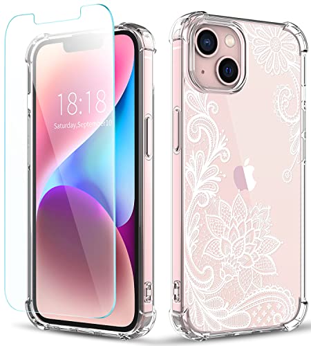 ilnehc Flower Designed for iPhone 13 Case[with Screen Protector], Floral Clear Women Phone Case Shockproof Protective Soft TPU Bumper Cover 6.1 Inch 2021 (White)