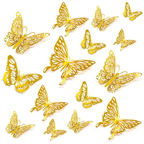 Menoeceus 3D Gold Butterfly Wall Decals, 72Pcs Gold Room Decor, Butterfly Party Decorations, Butterfly Wall Stickers for Kids Boys Girls Living Room, Cake