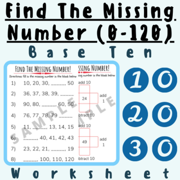 Base-Ten: Find The Missing Number (Number Sequencing 0-120) For K-5 Elementary School Teachers