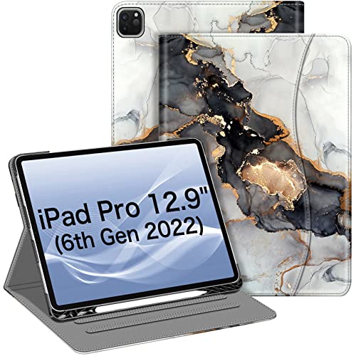 Fintie Folio Case for iPad Pro 12.9″ 6th Generation 2022, Multi-Angle Smart Stand Cover w/Pencil Holder & Pocket, Also Fit iPad Pro 12.9 2021 5th & 2020 4th & 2018 3rd Gen, Cloudy Marble