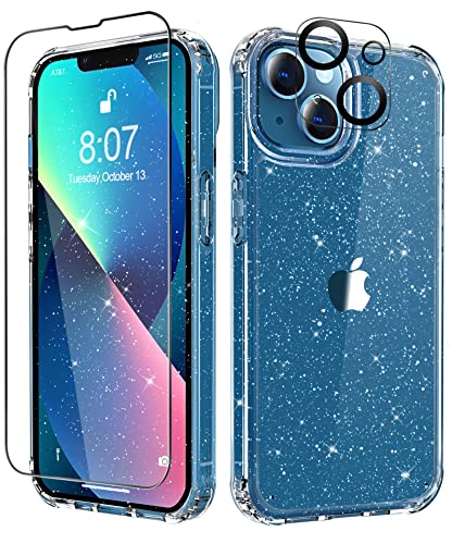 MIODIK for Phone 13 Case with Screen Protector + Camera Lens Protector, Clear Glitter, Shockproof Protective Phone Case, Non Yellowing for Women Girls iPhone 13 Cover 6.1 inch 2021 – Twinkle Clear