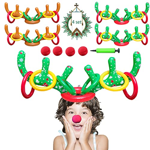 4 Sets Christmas Inflatable Reindeer Antler Ring Toss Game School Family Favors Party Gift Supplies Outdoor Indoor Toy (24 Rings with 4 Reindeer Noses)