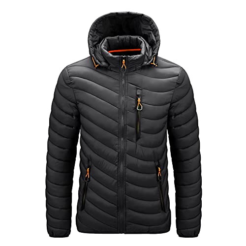 TEVEQ Puffer Jacket for Men Casual Solid Zipper Pocket Lightweight Water-Resistant Long Sleeve Coat Hooded Parkas Warm Coat(B-Black,L)