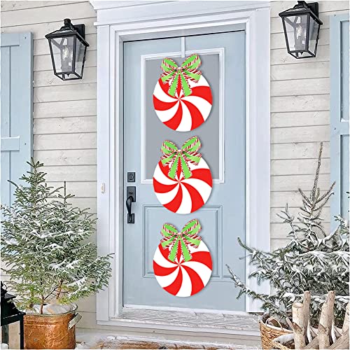 3 Pieces Christmas Door Sign Christmas Hanging Sign Peppermint Candy Wall Decorations Christmas Front Door Sign Rustic Holiday Wreath Decor for Front Door Porch Home Window Wall Farmhouse Decorations