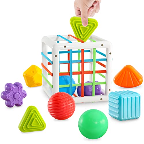 BOBBYBANG Montessori Toys for 1 2 Year Old Boy Girl,Baby Sorter Toy Colorful Cube and 8 Pcs Multi Sensory Shape, Learning Sensory Bin for 1 2 Year Old ,Toys for 1-2 Year Old,Gifts for 10 Month and Up