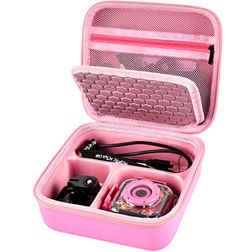 Camera Cases Compatible with PROGRACE/ for Ourlife/ for DEKER and More Children Kids Digital Video Action Cameras, Toddler Camcorder Storage Holder with Accessories Mesh Pocket – Pink (Bag Only)