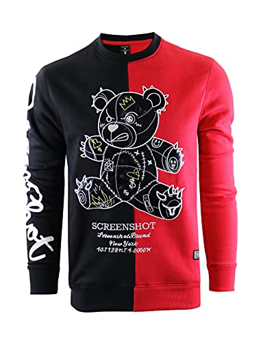SCREENSHOT-F1113 Mens Urban Premium Fleece – Signature Sleeves Black Bear Cartoon Color Block Crew Neck Streetwear Sweatshirt-Bk/Red-Small