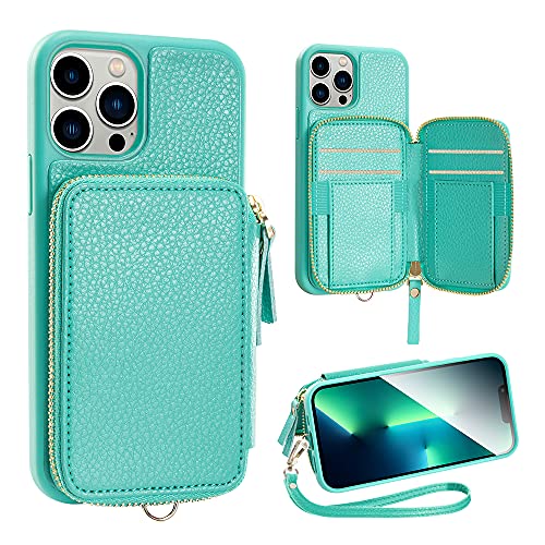 ZVE iPhone 13 Pro Max RFID Wallet Case, Zipper Wallet Case with Credit Card Holder Leather Handbag Case Wrist Strap for Women Protective Case Compatible with iPhone 13 Pro Max 6.7″(2021)-Mint Green