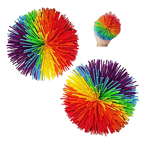 2 Packs Colorful Super Silicone Big Ball 4.7 inches, Monkey String Balls Koosh Balls Sensory Fidget Set,Rainbow Pom Ball, Colorful Bouncy Ball ,Stress Ball, Sensory Balls