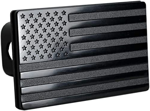 MULL American Black Flag Metal Trailer Hitch Cover (Fits 2.5″ Receiver, Black 7″x4″)