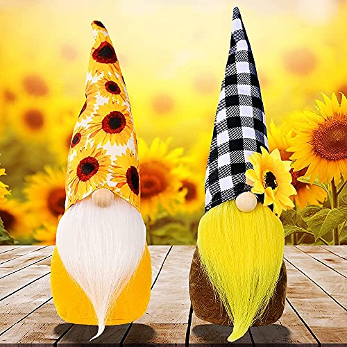 Summer Sunflower Gnomes Decor Garden Gnome Autumn Fall Buffalo Plaid Sunflower Farmhouse Rustic Scandinavian Gnome for Thanksgiving Day Christmas Ornaments Swedish Nisse Tomte Home Decorations