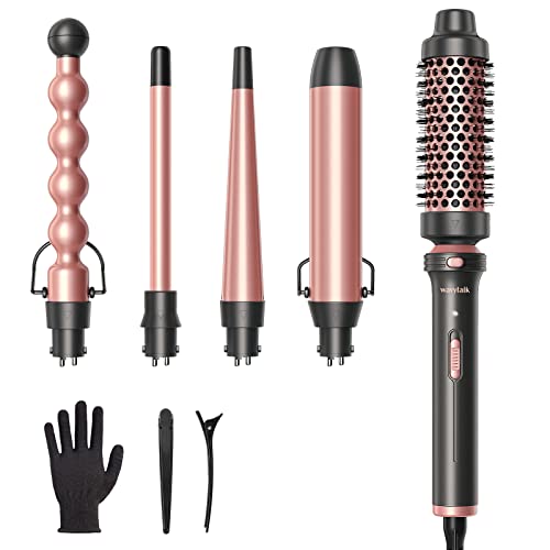 Wavytalk 5 in 1 Curling Iron,Curling Wand Set with Curling Brush and 4 Interchangeable Ceramic Curling Wand(0.5”-1.25”),Instant Heat Up,Include Heat Protective Glove & 2 Clips