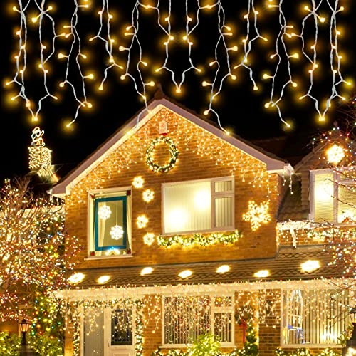 MO QIU E 456 LED Christmas Icicle Lights Outdoor Decor 35.4Ft 72 Drops 8 Modes Plug In Window Curtain Fairy String Dripping Light Decoration Home Holiday Indoor Eave Garden (Warm White)