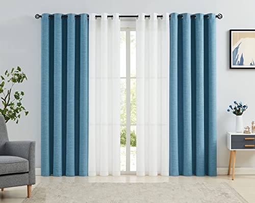 Blue Striped Blackout Window Curtains Thermal Insulated Drapes Set of 4 Bedroom Living Room Mix & Match Versatile Combo Jacquard Room Darkening 85% Treatments Grommet, 37″Wx84″Lx2+52″Wx84″Lx2
