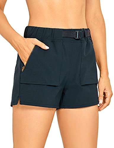 CRZ YOGA Women’s Waterproof Stretch Hiking Shorts: Mid Rise Summer Outdoor Golf Workout Shorts Zip Pockets with Belt – 3” True Navy Medium