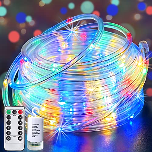 40Ft 120 LED Rope Lights Outdoor Christmas Decorations, 8 Mode Timer Remote Waterproof Battery Operated Christmas Rope Lights Tube Fairy Lights for Garden Holiday Home Indoor Xmas Decor(Multicolor)