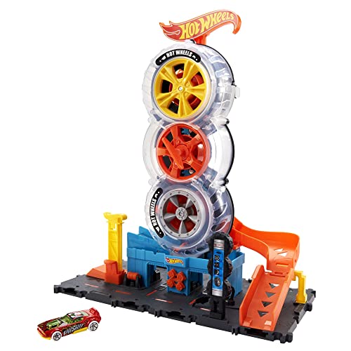 Hot Wheels City Super Twist Tire Shop Playset, Spin The Key to Make Cars Travel Through The Tires, Includes 1 Car, Gift for Kids 4 to 8 Years Old [Amazon Exclusive]