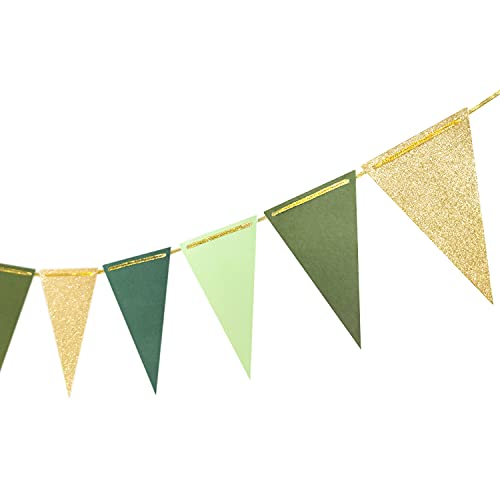 Gold Green Triangle Banner Decoration Greenery Party Supplies Bunting Signs for Birthday Nursery Classroom Anniversary Decoration Graduation Back to School Flags 15 pcs (Golden Green Atrovirens ) 10 Feet