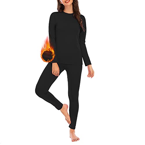 Womens Thermal Underwear Set Long Johns Base Layer Fleece Lined Top and Bottom Thermals Sets Loungewear Black Medium