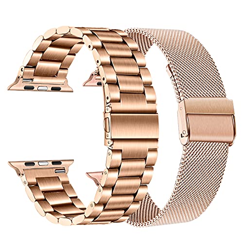 Band Sets for Apple Watch 41mm 40mm 38mm Rose Gold Women, TRUMiRR 2 Pack Solid Stainless Steel Watchband + Mesh Strap for iWatch SE Series 8 7 6 5 4 3 2 1 41mm 40mm 38mm