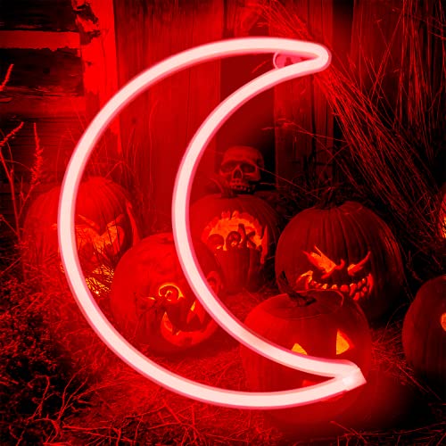 LED Red Moon Neon Light, Cute Neon Moon Sign,Halloween Room Decor Battery or USB Powered 5V Art LED Decorative Lights Night Lights Indoor for Home, Bedroom, Office,Dorm,Party