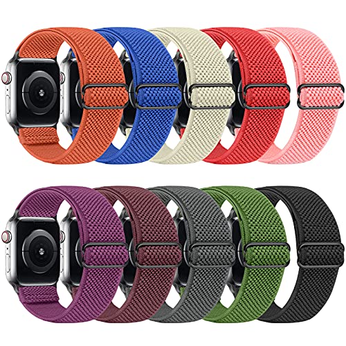 Tiptops 10 PACK Elastic Watch Band Compatible with Apple Watch Band 38mm 40mm 41mm 42mm 44mm 45mm , Adjustable Length, Stretch Nylon Sports Watch Strap, Compatible with iWatch Bands Series 8/7/SE/6/5/4/3/2/1/SE for Men Women