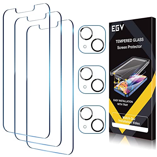 EGV [3+3] 3 Pack Screen Protector Compatible for iPhone 13 6.1-inch [Premium Tempered Glass] with 3 Pack Camera Lens Protector, Bubble Free [Easy Installation Tray] Case Friendly [2.5D Edge]