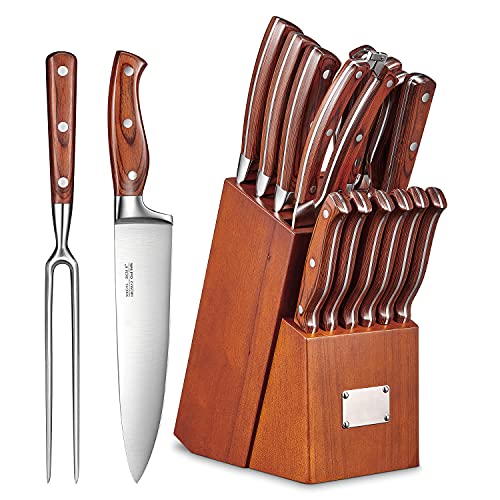 Knife Set, High Carbon Stainless Steel Kitchen Knife Set 16PCS, Super Sharp Cutlery Knife with Carving Fork and Serrated Steak Knives