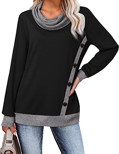 Lightweight Knit Pullover Sweatshirts, Youtalia Ladies Tops for Leggings Daily Wear Warm Cowl Neck Shirt Color Block Tunic Top Button Side Sweatshirt Cozy Casual Blouse Shirt Black Large