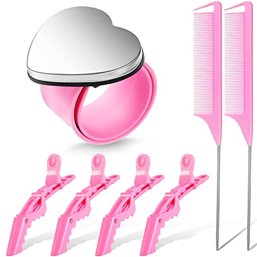 7 Pieces Hair Braiding Tools 1 Piece Magnetic Pin Wristband and 2 Pieces Stainless Steel Pintail Rat Tail Comb with 4 Pieces Wide Teeth Alligator Sectioning Hair Clip for Hair Braid Maker (Pink)
