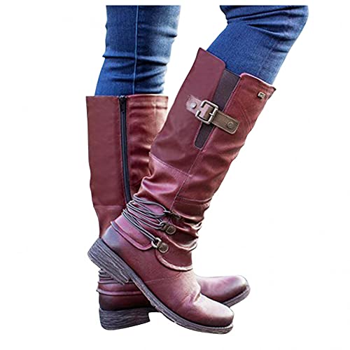 NOLDARES Womens Boots High Heel Boot Mid Calf Chunky Wedge Platform Boosts Round-Toe Side Zip Punk Combat Boots for Women