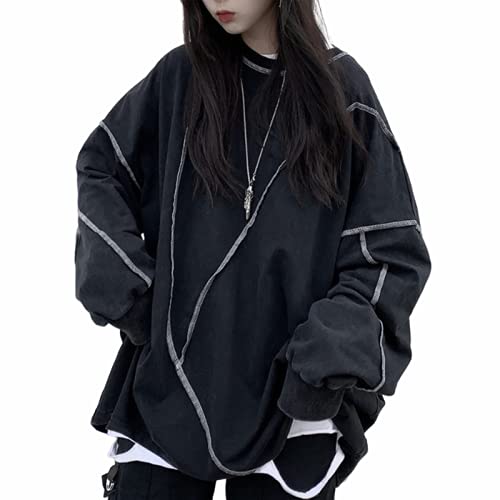 PEXIZUAN Gothic Long Sleeve Sweatshirt Loose Large Size Women’s Dark Spring Spring/Autumn Base Clothes Black(BLACK,L)