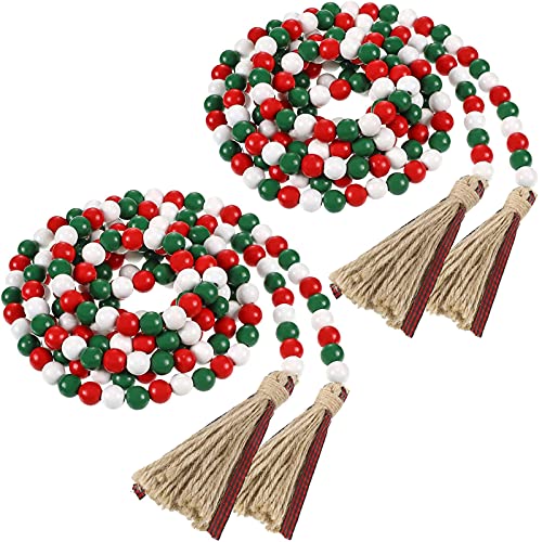 2 Pieces Winter Christmas Wooden Beads 41’’ Wood Bead Garland with Tassels Farmhouse Rustic Beads with Buffalo Plaid Tassels Natural Wood Beads Décor for Xmas Tree Holiday Ornaments Decor