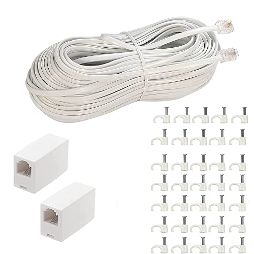 LanSenSu Phone Extension Cord100 Ft, Phone Cord ，Telephone Cable with Standard RJ11Plug and 2 in-Line Couplers and 35 Cable Clip Holders, White (White, 100 Feet)