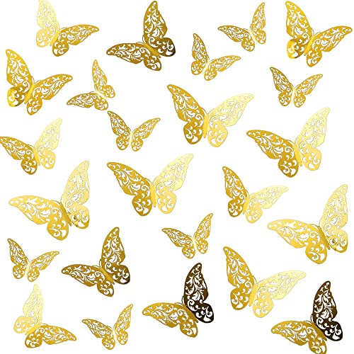 3D Butterfly Wall Decals, 24pcs 3 Sizes 3D Butterfly Wall Stickers Butterfly Wall Decor Decal Removable Mural for Bedroom Living Room Nursery Classroom Offices Wedding Party Cake Decoration (Gold)