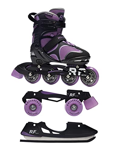 Rollerface Switch 3-in-1, Color Purple, Sport, Outdoor and Recreation Inline Skate, Roller Skate, and Ice Skate. (Adjustable up to 3 Sizes)