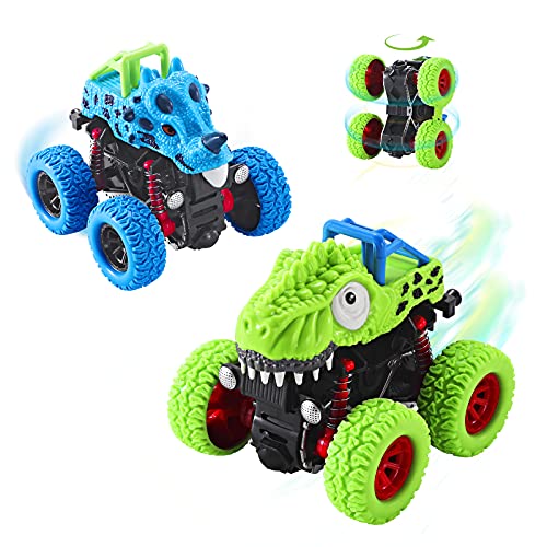 2pcs Toy Cars, Monster Trucks for Boys,Dinosaur Toys for Kids 3-5 Double-Directions Pull Back Race Car Gifts for Boys Girls Birthday Christmas