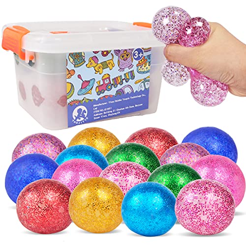 YAOJITYO 16Pack Stress Ball Set Fidget Toys for Kids and Adults – Sensory Ball, Squishy Balls with Gold Powder Water Beads,Anxiety Relief Calming Tool – Fidget Stress Toys for Autism & ADD/ADHD