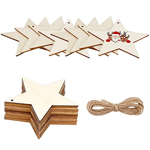 KINBOM 50 Pcs 4 inch Natural Wooden Star, Wood with Natural Twine Cutouts Shape Unfinished Wooden Star Embellishents for Christmas Home Party Wedding Birthday Holiday Celebration Decoration