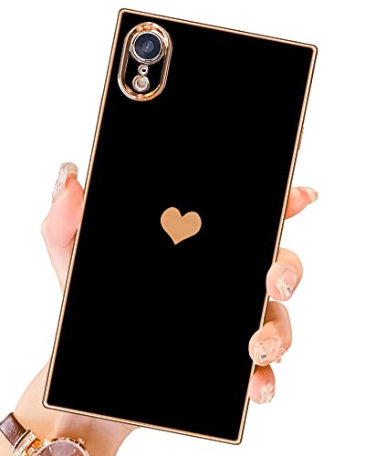 MTBacon Compatible with iPhone XR Square Case, Cute Love Heart Case for Women Girls Camera Lens Protection Electroplate Reinforced Corners Shockproof Case for iPhone XR – Black
