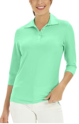 Women’s 3/4 Sleeve V Neck Golf Shirts Moisture Wicking Performance Knit Tops Fitness Workout Sports Leisure Polo Shirt(Glass Blue,2XL)