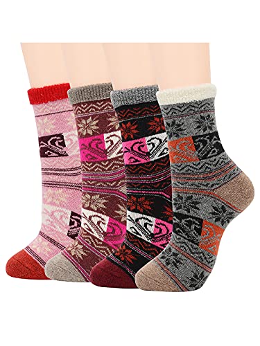 Cosy Encounter Womens Athletic Sports Cozy Wool Socks Warm Knit Thick Soft Winter Crew Socks 4 Pairs Heart&Snow One Size, WDCENS4176SXE4PSN