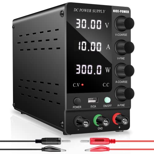 NICE-POWER Adjustable DC Power Supply: 30V 10A Variable Switching Regulated High Precision 4-Digits LCD Display 5V/2A USB Port Output & Input Power Cord Bench Lab Power Supplies