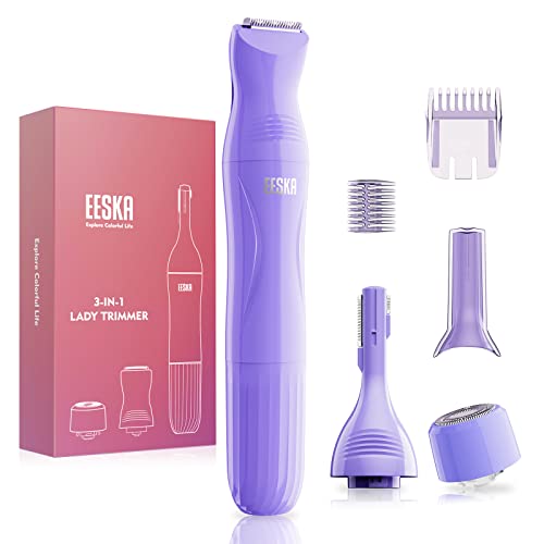 Bikini Trimmer for Women, EESKA 3-in-1 Painless Womens Electric Razor IPX7 Waterproof Wet & Dry Use, Cordless Lady Shaver Clipper for Bikini Line with Facial Hair Removal Eyebrow Trimmer
