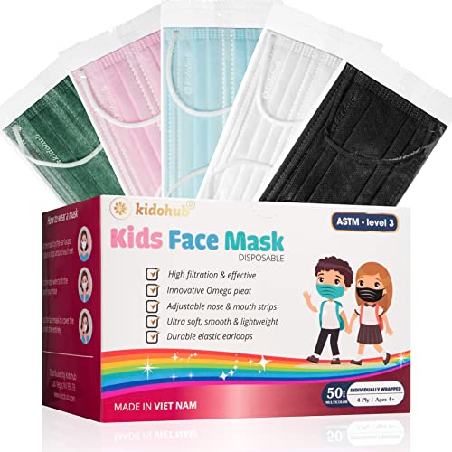 KIDOHUB FDA Registered ASTM Level 3, Kids 4 Ply Individually Wrapped Disposable Medical Face Mask (50 Count (Pack of 1), Multicolor)