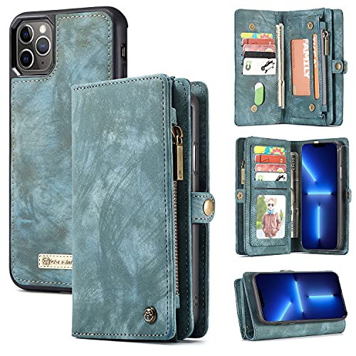 Zttopo Wallet Case Compatible with iPhone 13 Pro Max, 2 in 1 Leather Zipper Detachable Magnetic 11 Card Slots Money Pocket Cover with Screen Protector Case Wallet 6.7 Inch